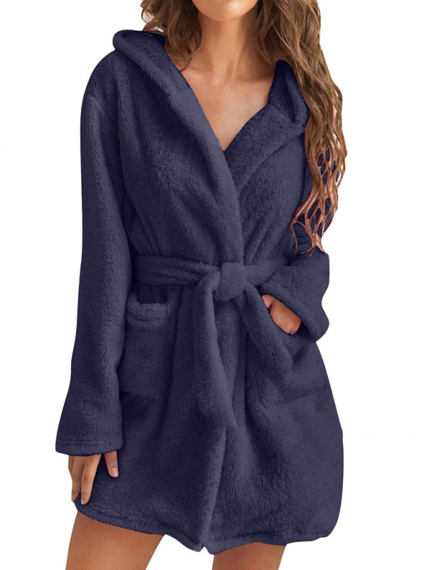 Navy plush robe with hood, ideal for autumn and winter relaxation.
