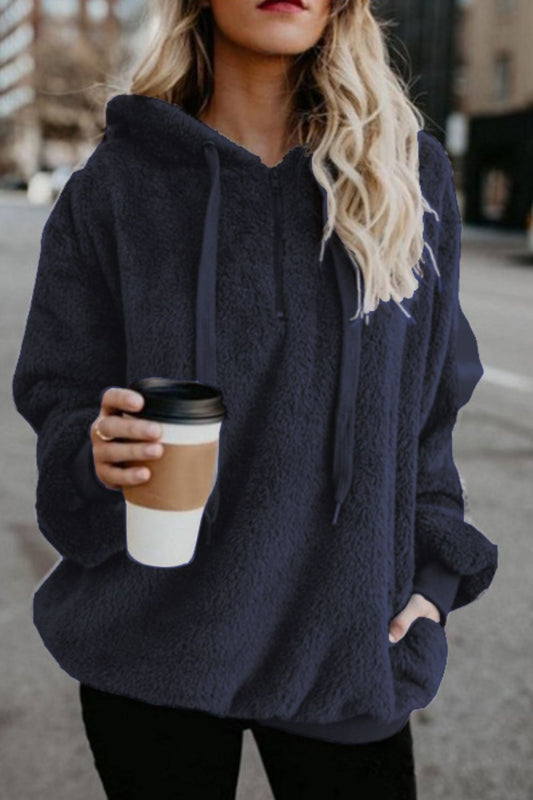 Cozy women's quarter zip hoodie in navy fleece
