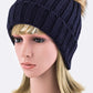 Navy ribbed knit winter hat topped with a fashionable faux fur pom.
