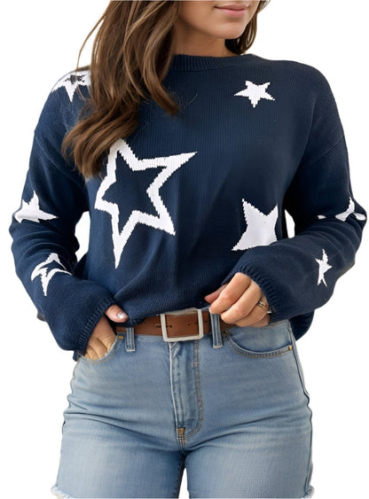 Front view of a navy cotton sweater with white star print, perfect for casual and cozy wear.

