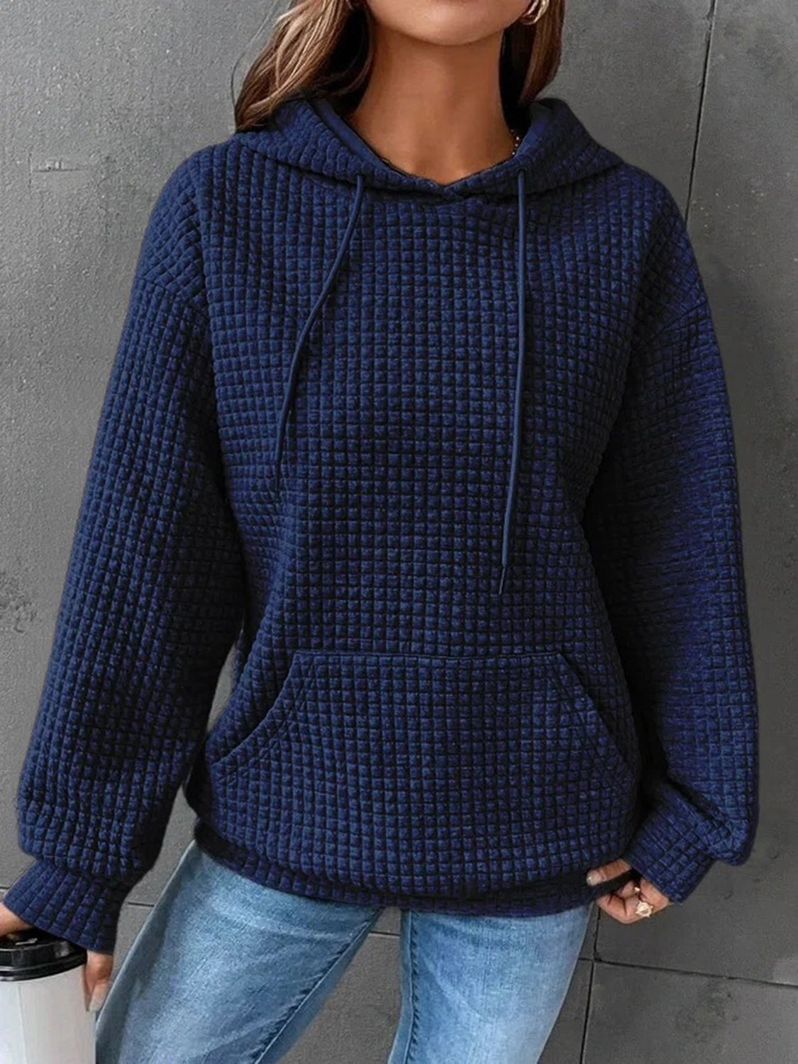 casual navy hoodie with a soft waffle knit texture
