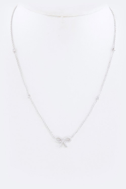 Sparkling Cubic Zirconia Bow Necklace - Rhodium Finish