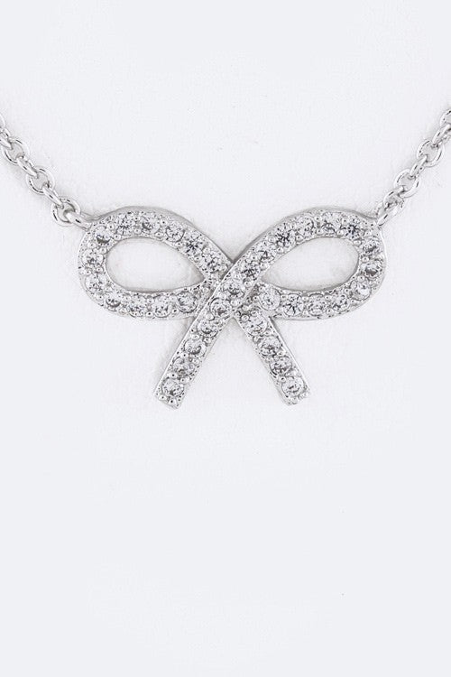 Sparkling Cubic Zirconia Bow Necklace - Rhodium Finish