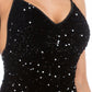 Black sequin spaghetti strap dress ideal for nights out, side view.
