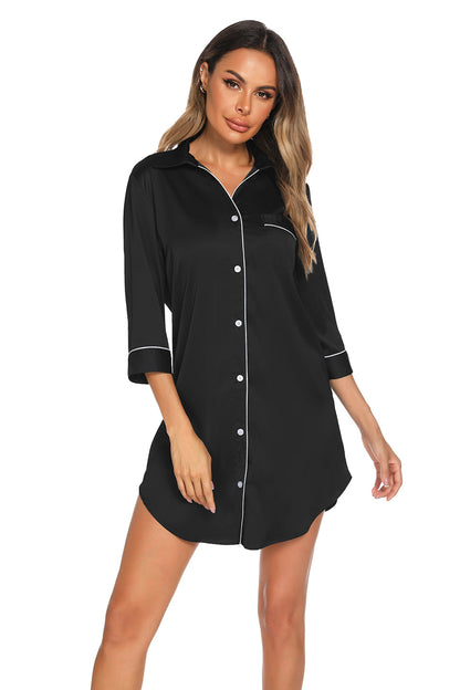 Button Up Collared Neck Night Dress