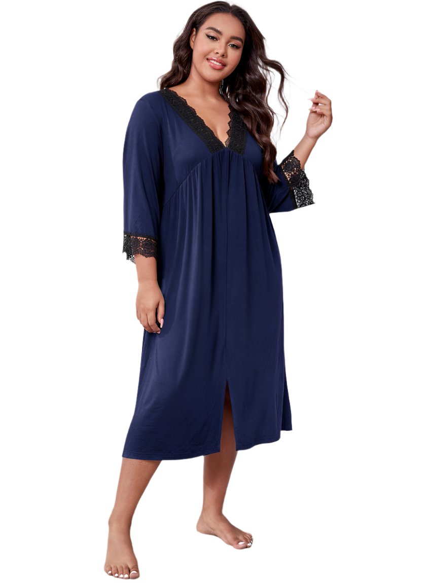 Plus Size Lace Detail V-Neck Lounge Dress - Whimsical Appalachian Boutique