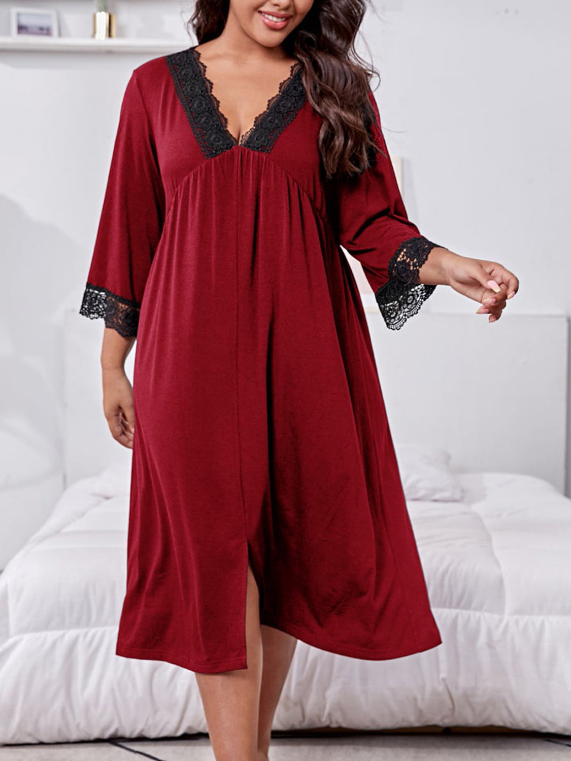 Plus Size Lace Detail V-Neck Lounge Dress - Whimsical Appalachian Boutique