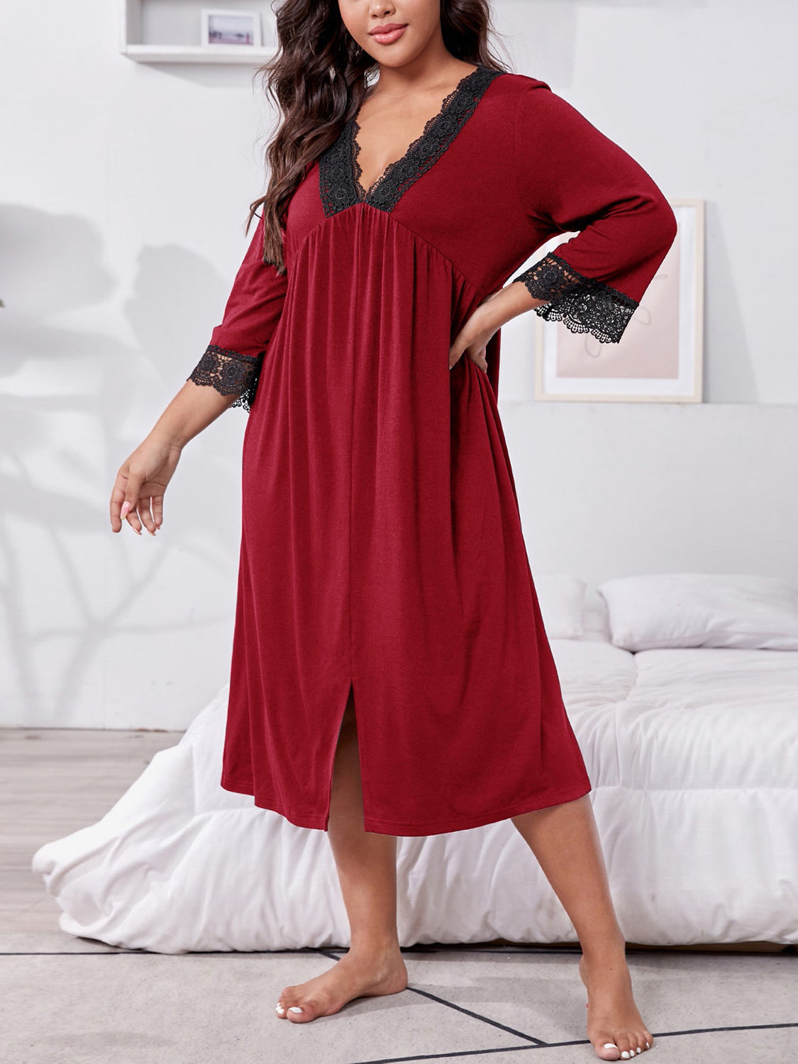 Plus Size Lace Detail V-Neck Lounge Dress - Whimsical Appalachian Boutique