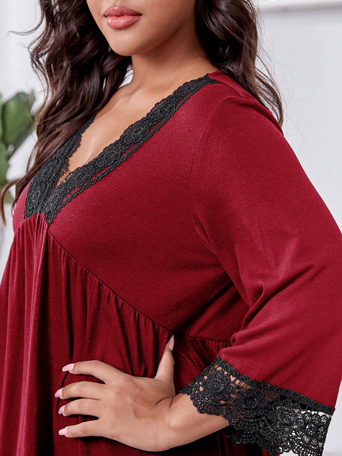 Plus Size Lace Detail V-Neck Lounge Dress - Whimsical Appalachian Boutique