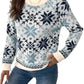 Front view of the blue and white Nordic snowflake sweater, perfect for winter outings and casual wear.