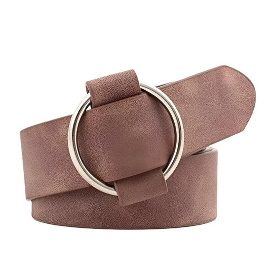 Stylish taupe belt featuring silver O-ring buckle
