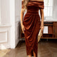 Front view of off-shoulder brown velvet midi dress with ruched detail.
