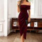 Elegant red velvet dress featuring a flattering off-shoulder neckline.
