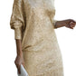 Woman wearing a gold off-shoulder sequin dress with a clutch.
