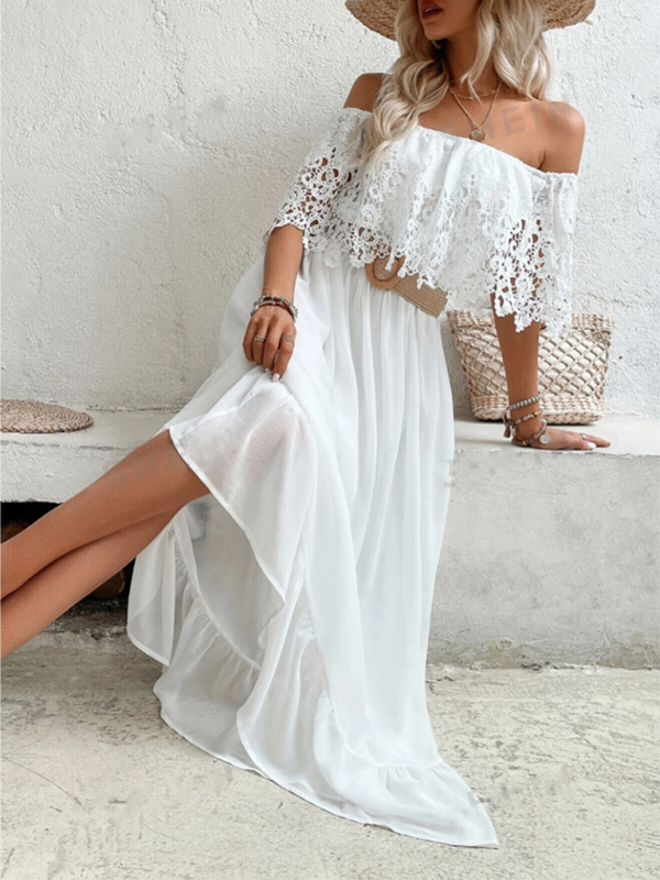 Ruffle Hem Lace Off Shoulder Whimsical White Dress - Appalachian Boutique