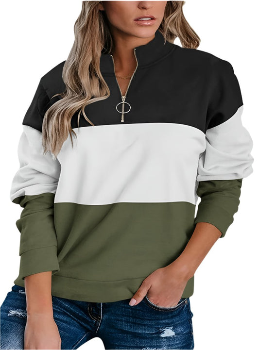 Olive, black, and white color block half-zip sweatshirt for a cozy look.
