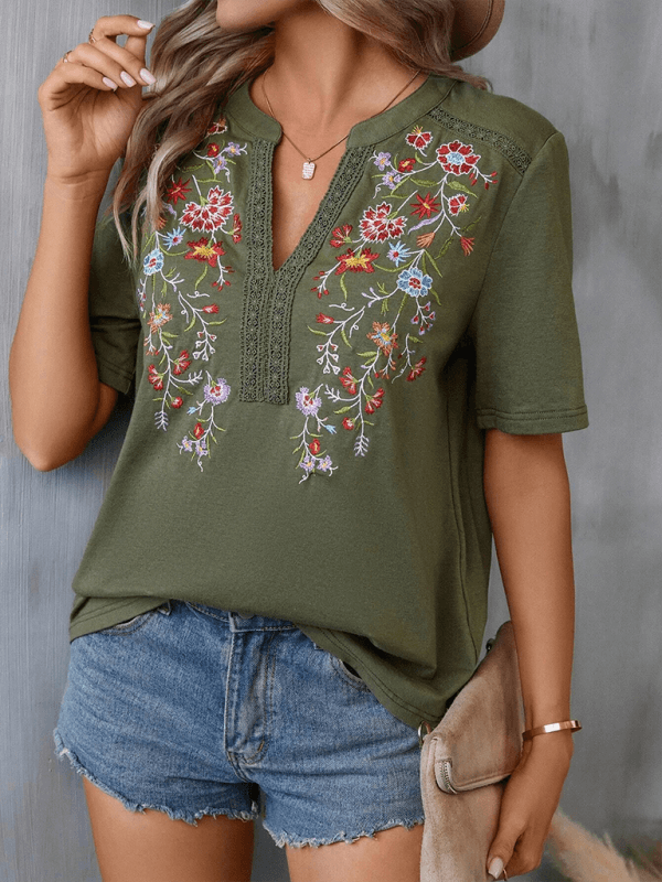 Floral Notched V-Neck Embroidered Woven Blouse | Boho Aesthetic | Appalachian Clothing