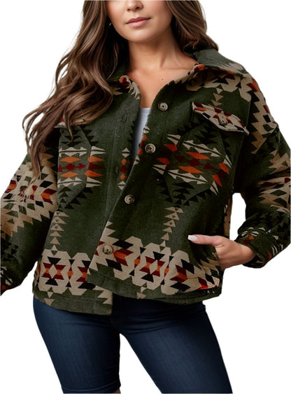 Front view of women’s olive button-up jacket with geometric print design
