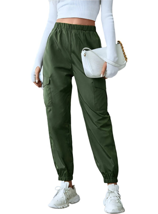 Olive green joggers with side pockets and relaxed fit