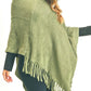 Olive green fringed poncho, a versatile piece for adding a touch of style and warmth to any casual look.