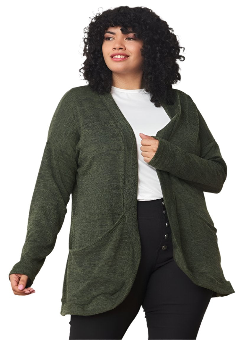 Front view of olive green plus size cozy cardigan with open front design