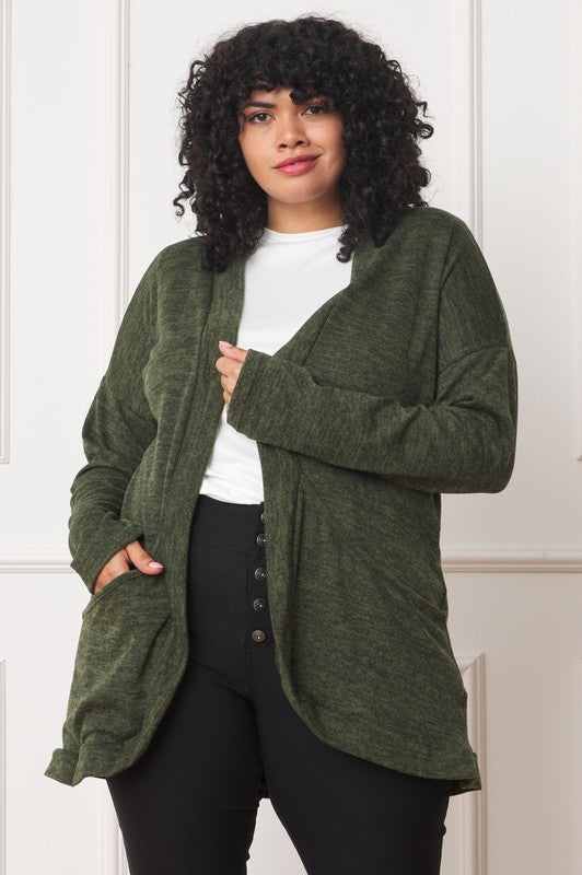 Relaxed fit of olive green plus size cozy cardigan perfect for layering