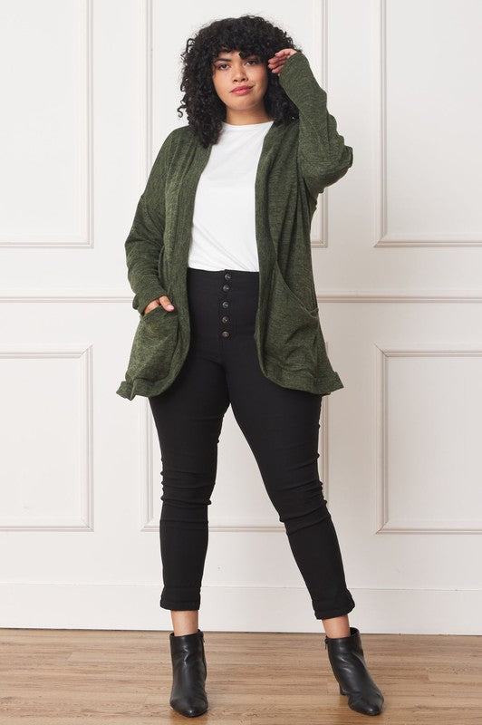 Olive green plus size cozy cardigan styled with a white tee and black pants