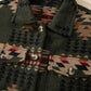 Olive jacket with a collared neckline and bold geometric print
