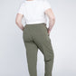 Olive jogger pants with functional side pockets for practical everyday wear.
