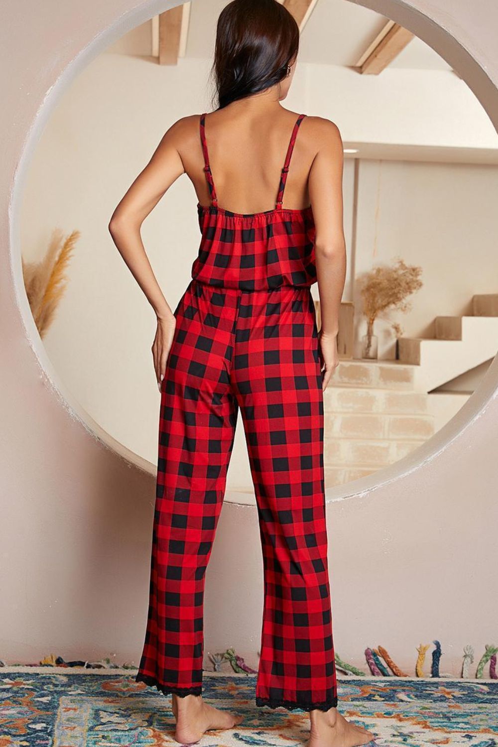 Plaid Lace Trim Spaghetti Strap Jumpsuit - Whimsical Appalachian Boutique