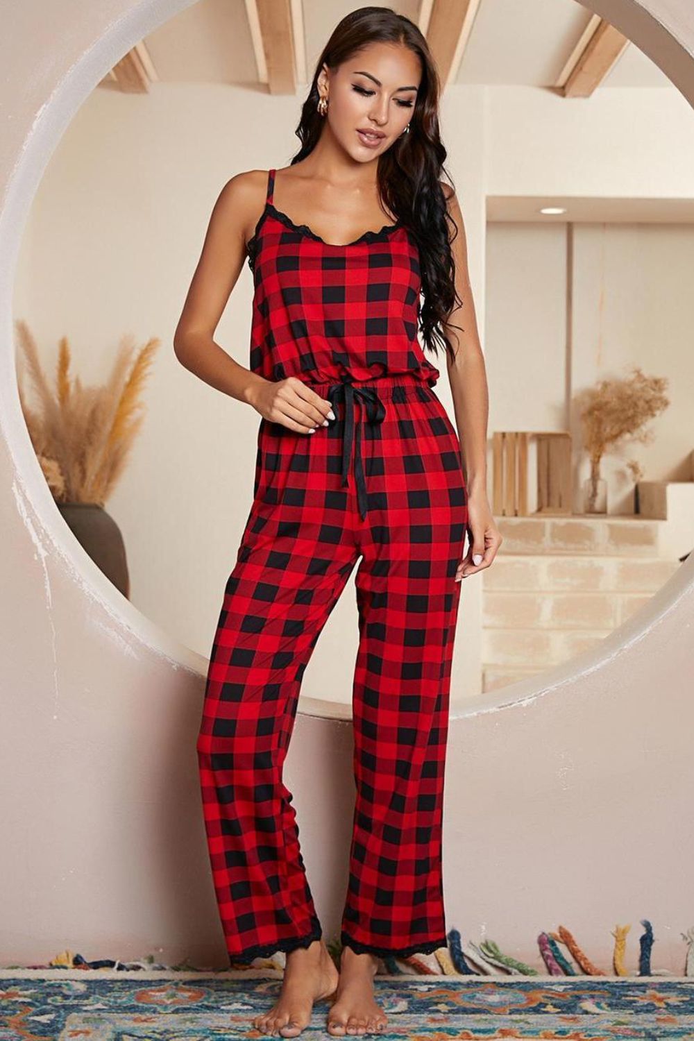 Plaid Lace Trim Spaghetti Strap Jumpsuit - Whimsical Appalachian Boutique