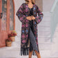 open front boho kimono with fringe trim
