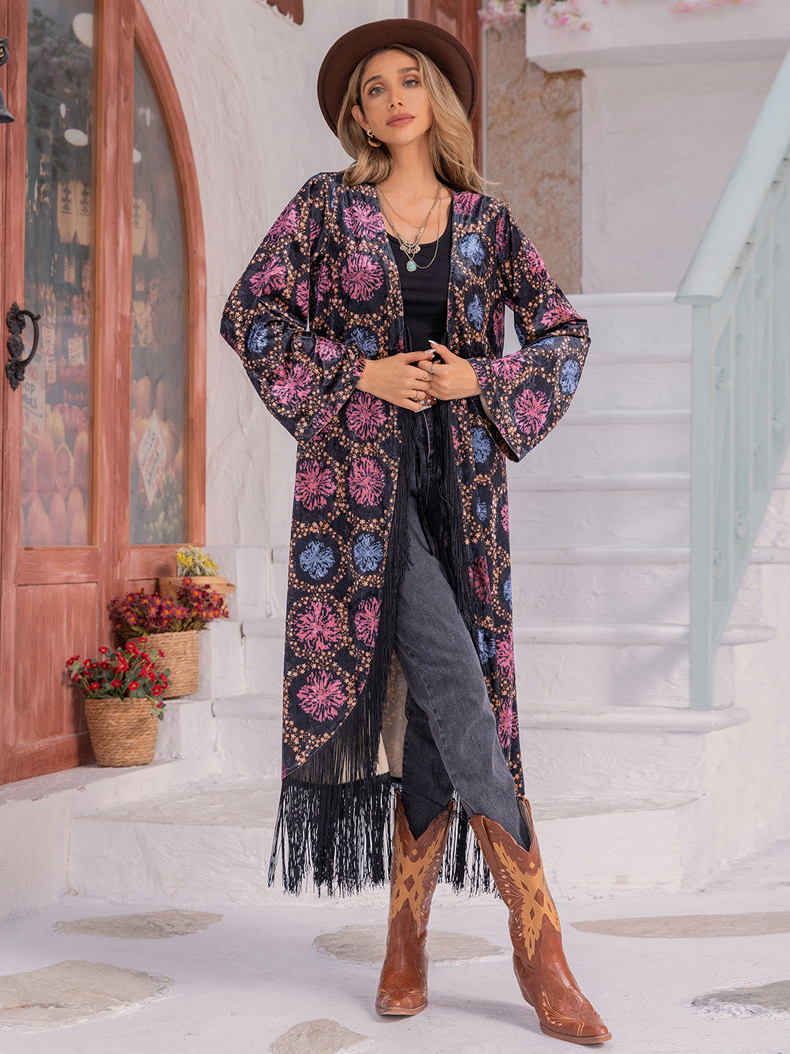 open front boho kimono with fringe trim
