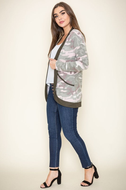 Olive camo cardigan with ribbed detailing and an easy open front.