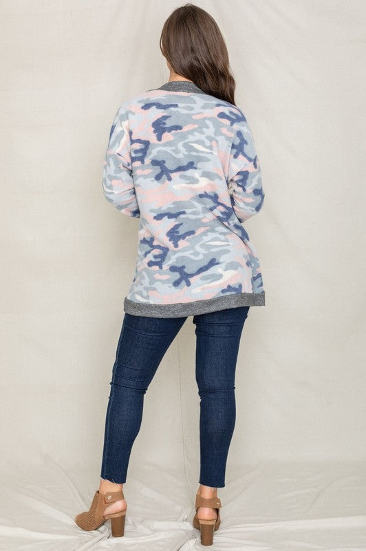 Pink camouflage print cardigan, ideal for adding a pop of color to your outfit.