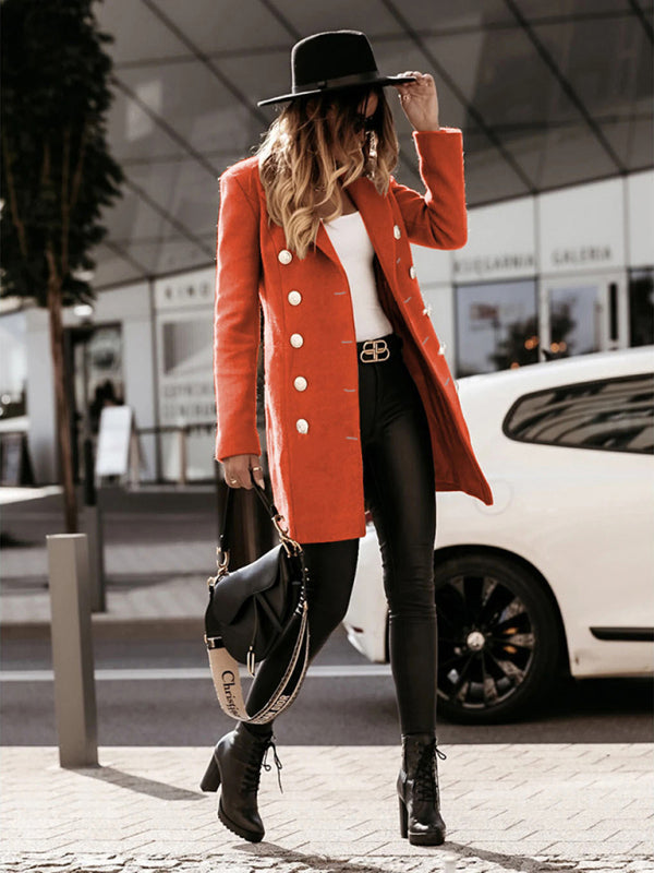 Front view of a bold orange double-breasted woolen coat with a lapel collar.
