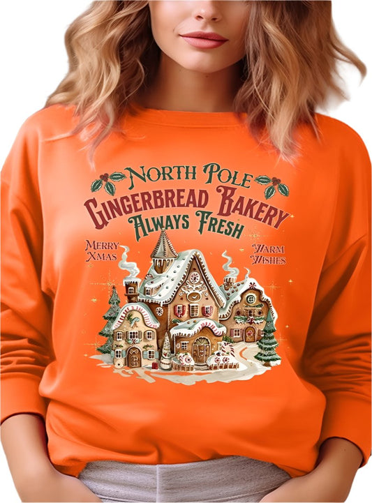 Bright orange sweatshirt with gingerbread house design, bringing holiday cheer.