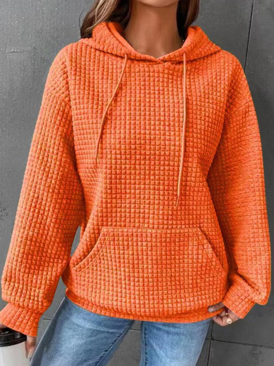 cozy orange waffle knit hoodie with kangaroo pocket
