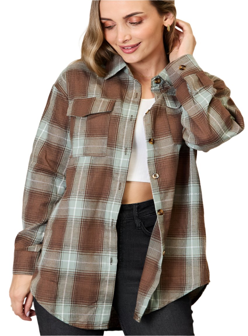 Plaid Dropped Shoulder Button-Up Shirt - Whimsical Appalachian Boutique