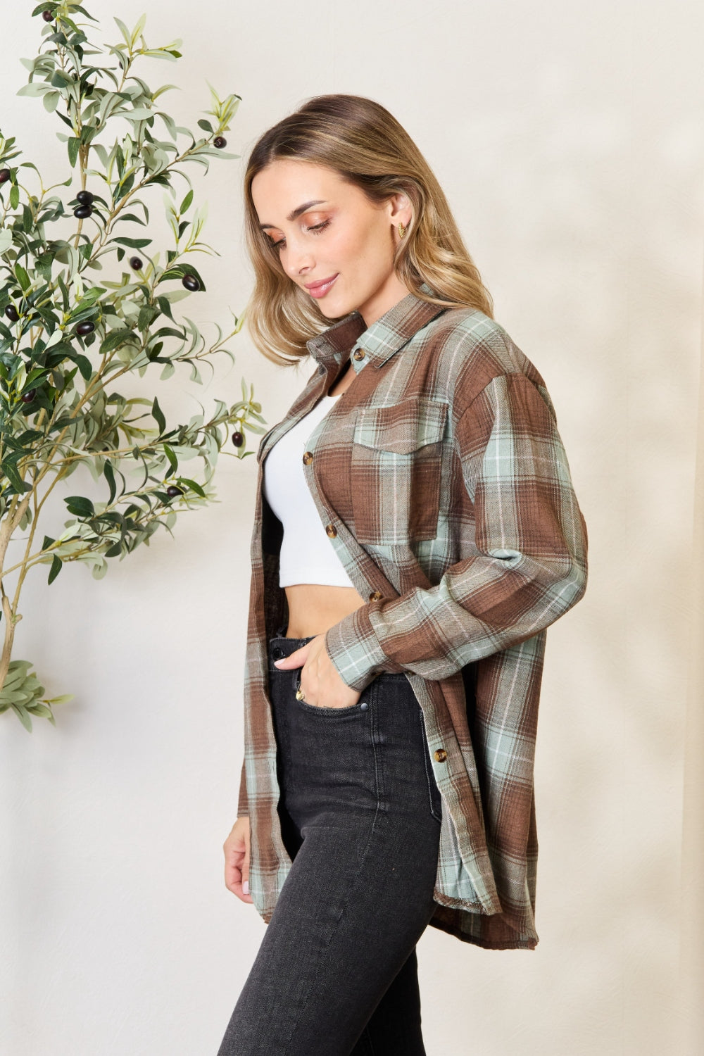 Plaid Dropped Shoulder Button-Up Shirt - Whimsical Appalachian Boutique