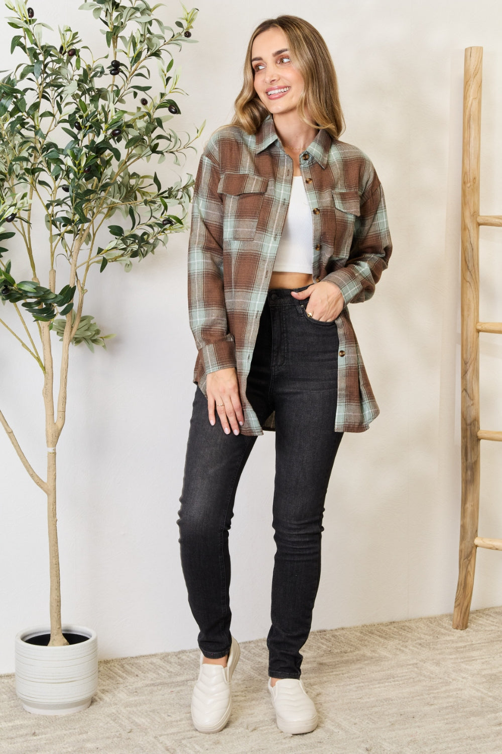 Plaid Dropped Shoulder Button-Up Shirt - Whimsical Appalachian Boutique