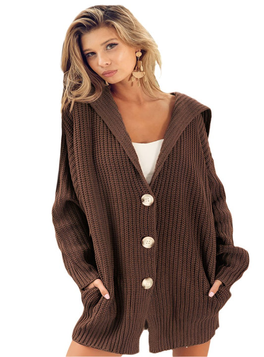 Front view of oversized brown chunky knit cardigan with large buttons
