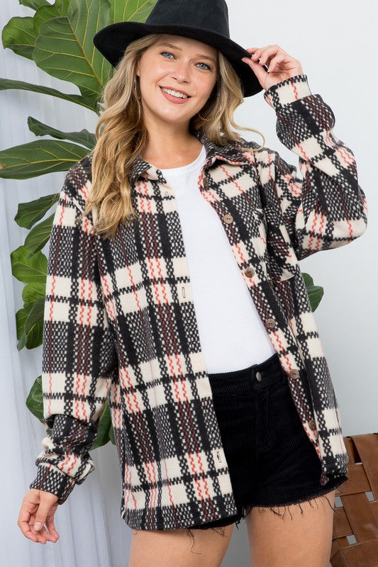 Oversized women’s plaid shacket with button-up front
