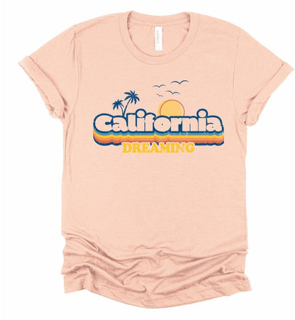 Peach California Dreaming shirt with retro-inspired graphic