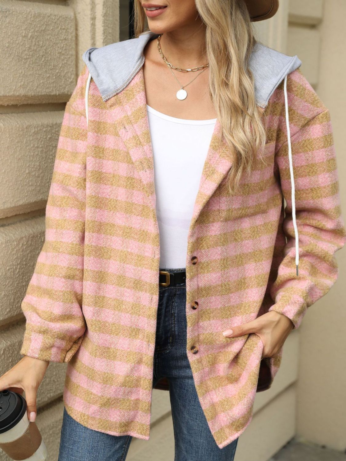 Casual peach plaid jacket for women featuring a hood and relaxed fit
