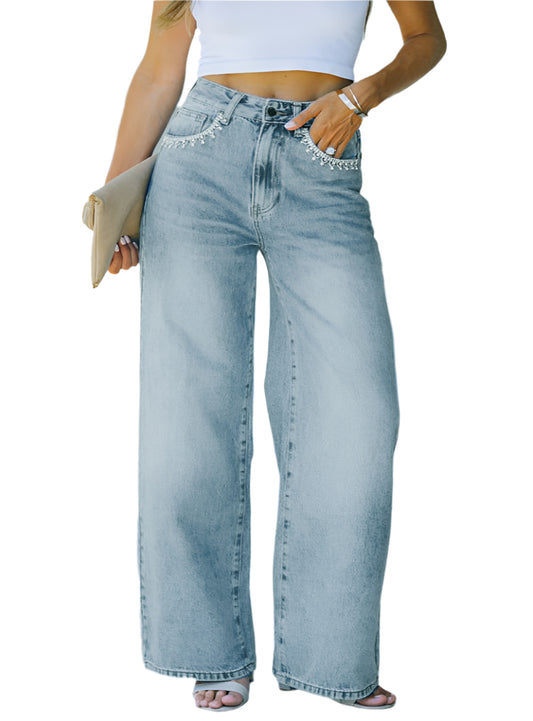 Front view of petal pocket light wash jeans
