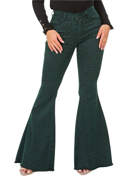 Pine green leopard-print bell bottom jeans with a high-rise fit and frayed hem.
