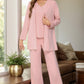 Pink 3-piece women's pant suit with a V-neck top, wide-leg pants, and open-front jacket
