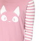 Playful pink sweater with kitty face graphic and 3/4 length striped sleeves.
