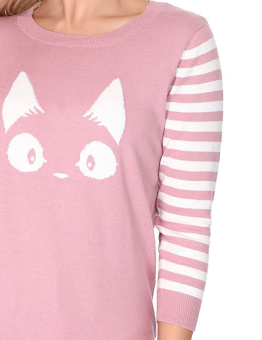 Playful pink sweater with kitty face graphic and 3/4 length striped sleeves.
